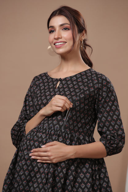 Ethnic Motifs On Black Maternity & Nursing Set