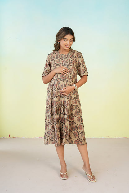 Earthy Petals Maternity & Nursing Pleat Dress