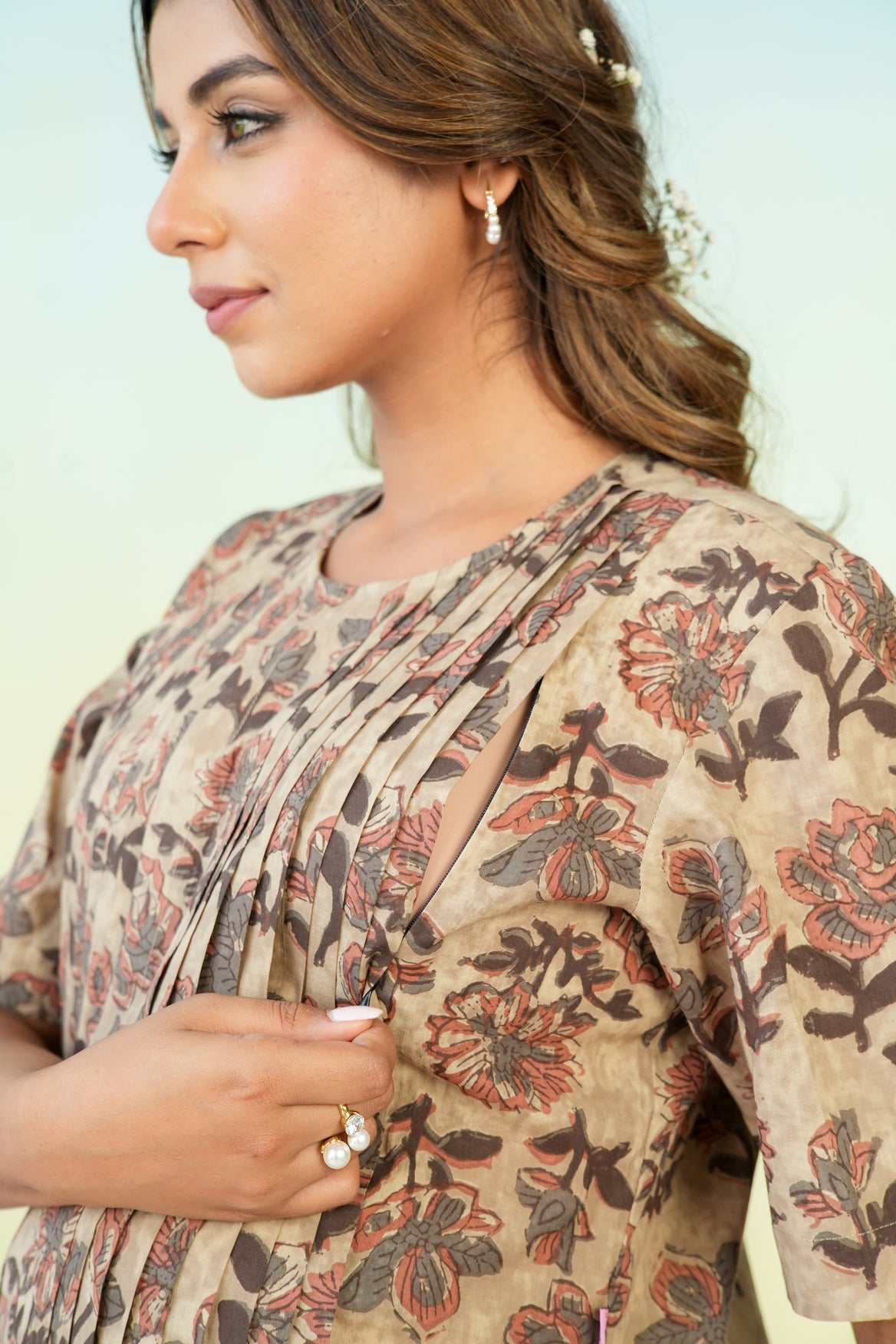 Earthy Petals Maternity & Nursing Pleat Dress