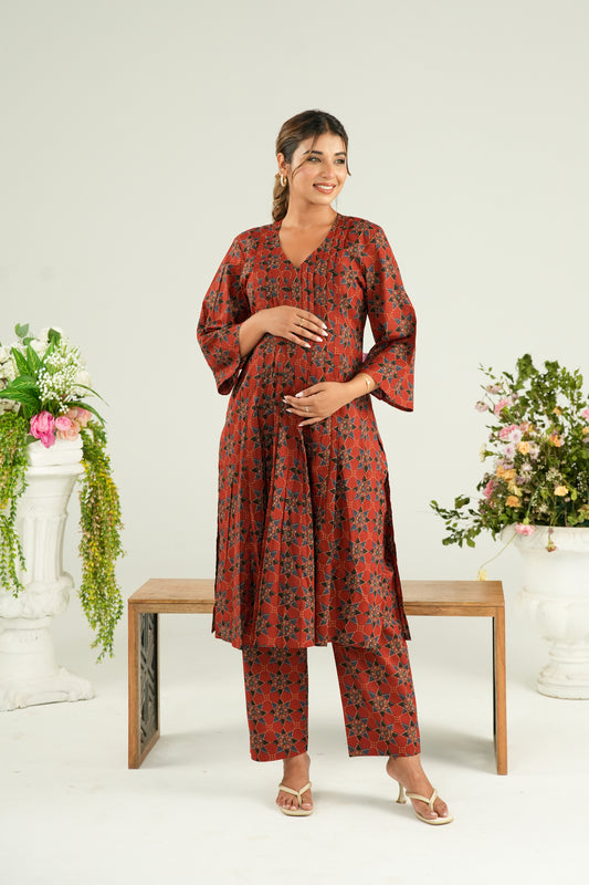 Rust Starburst Maternity & Nursing Kurta Pant Set