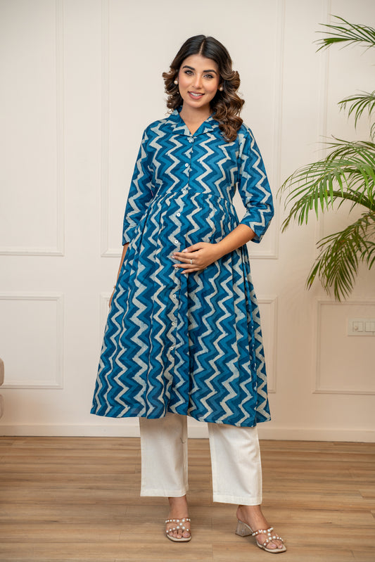 Indigo Ripple Buttoned Cotton Maternity & Nursing Kurta