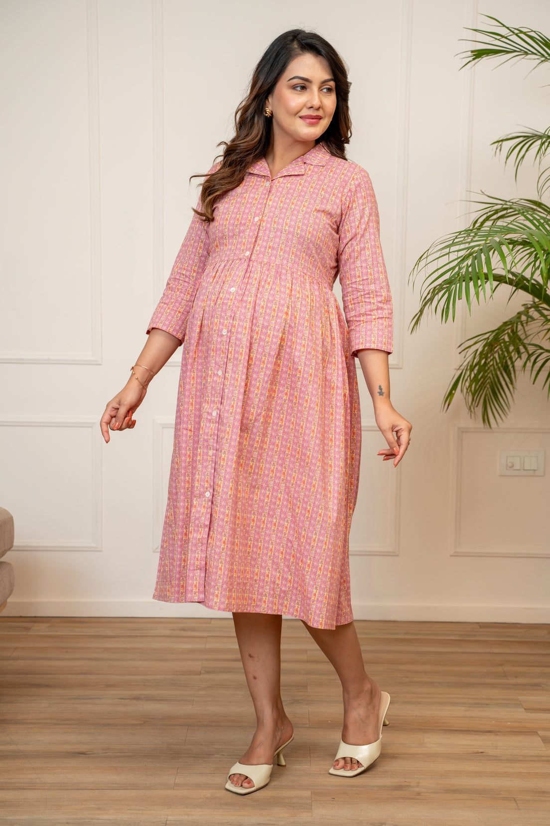 Gulabi Vintage Stripe Buttoned Cotton  Maternity & Nursing Dress