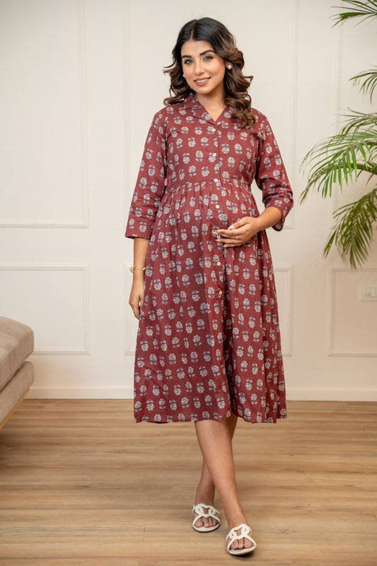 Mulberry Mist Buttoned Cotton  Maternity & Nursing Dress