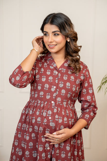 Mulberry Mist Buttoned Cotton Maternity & Nursing Kurta