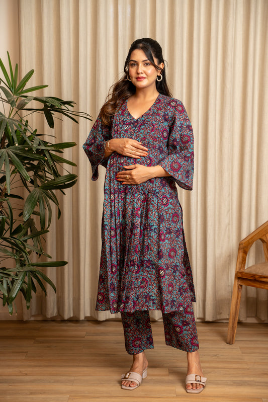 Raat Rani Bloom Pleated Maternity & Nursing Kurta Set
