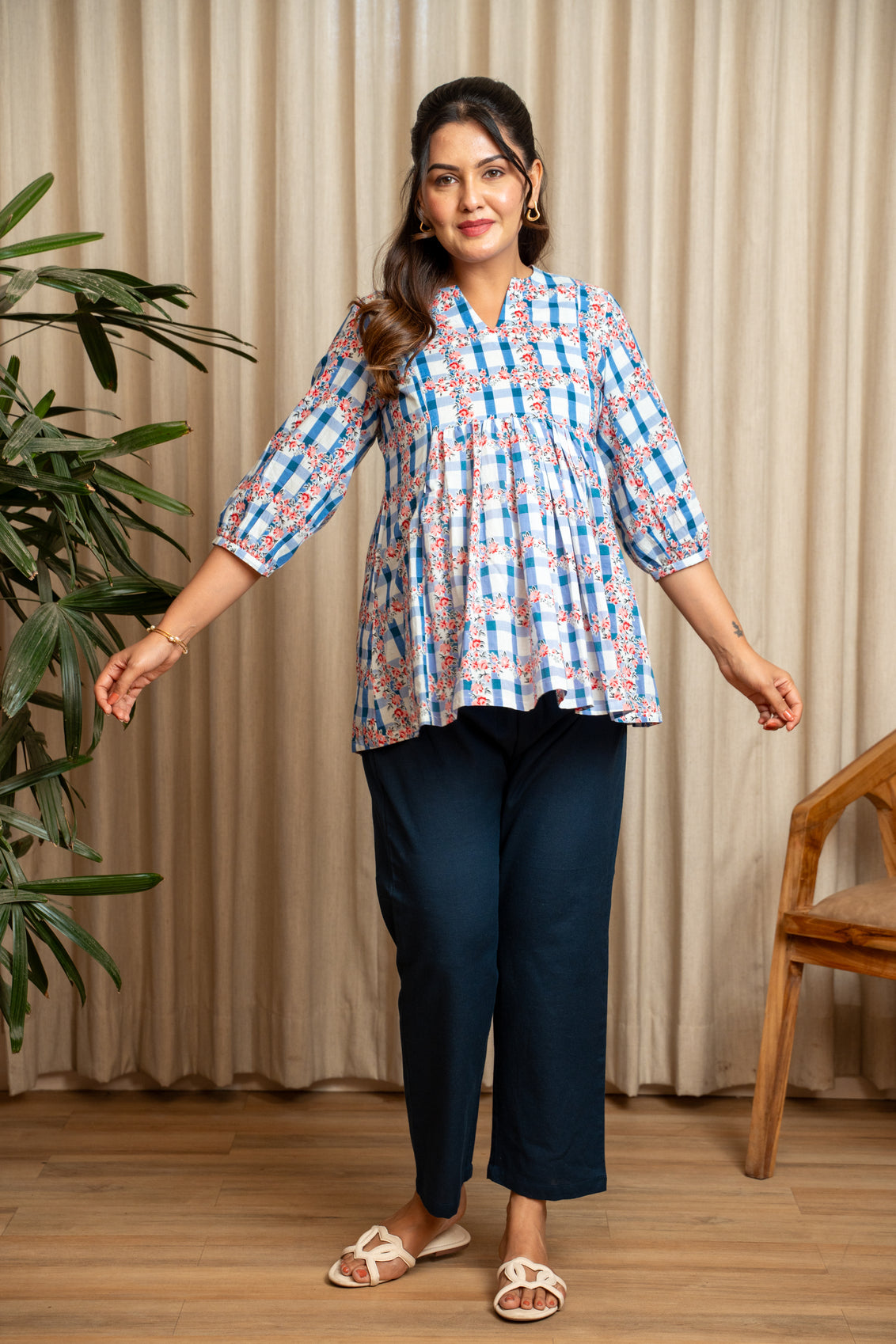 Phoolkari Check Maternity & Nursing Top