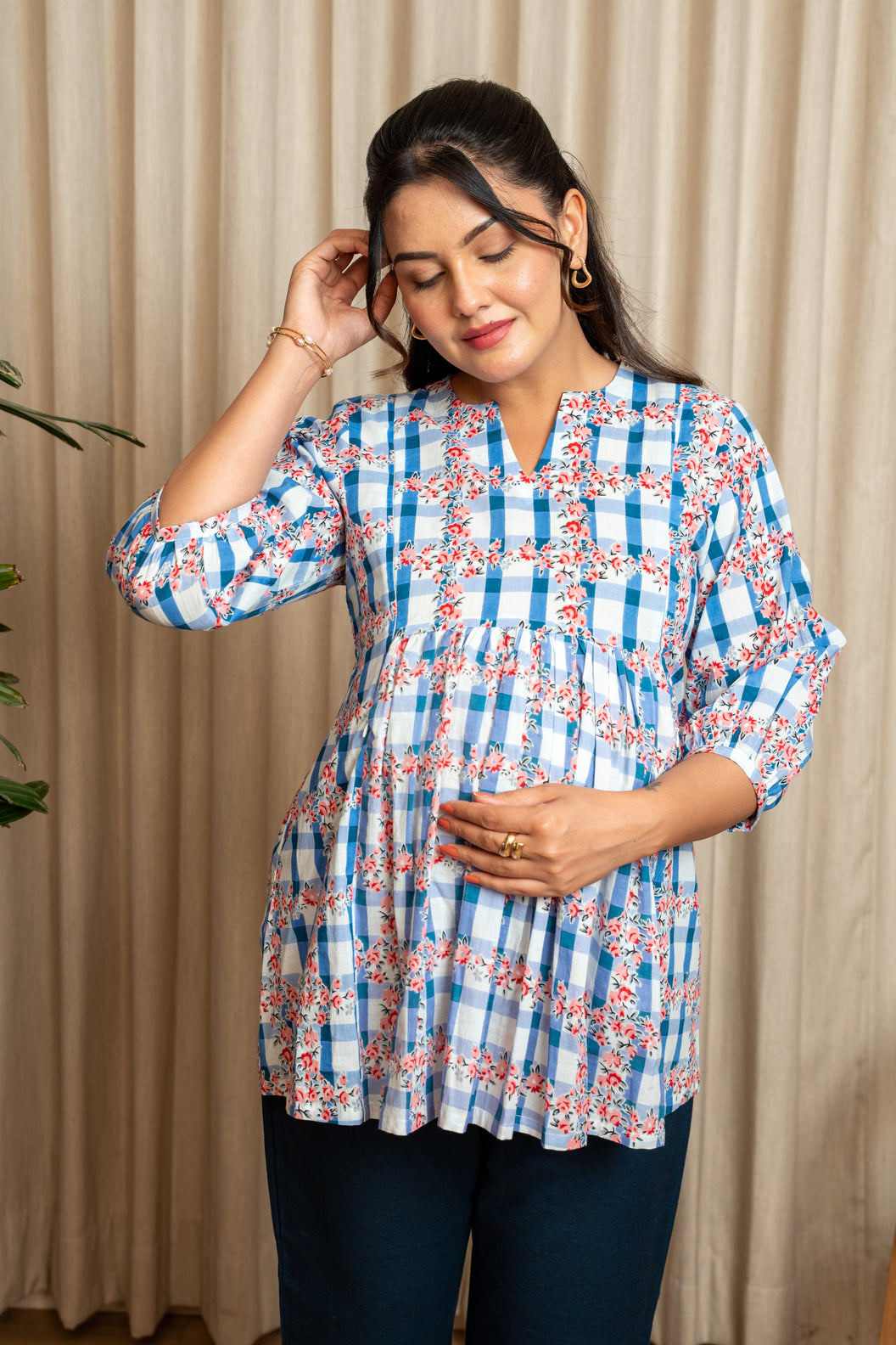 Phoolkari Check Maternity & Nursing Top