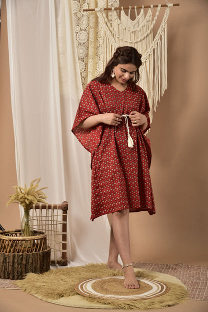Minimalist Pattern On Red Cotton Midi Kaftan