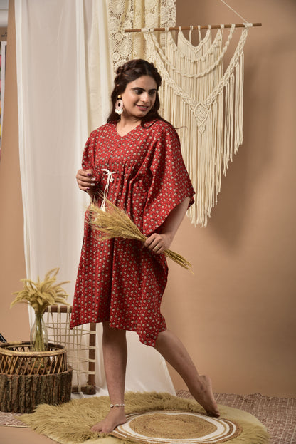 Minimalist Pattern On Red Cotton Midi Kaftan