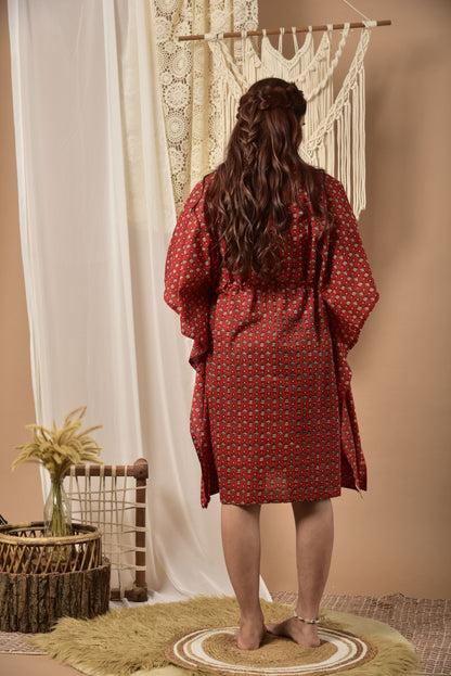 Minimalist Pattern On Red Cotton Midi Kaftan