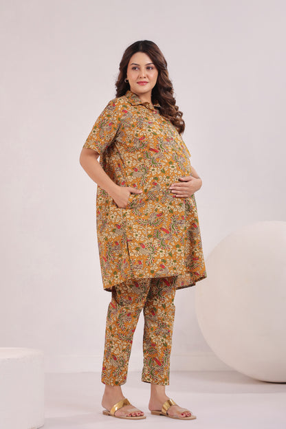 Mustard Kalamkari  Maternity & Nursing Co-ord Set