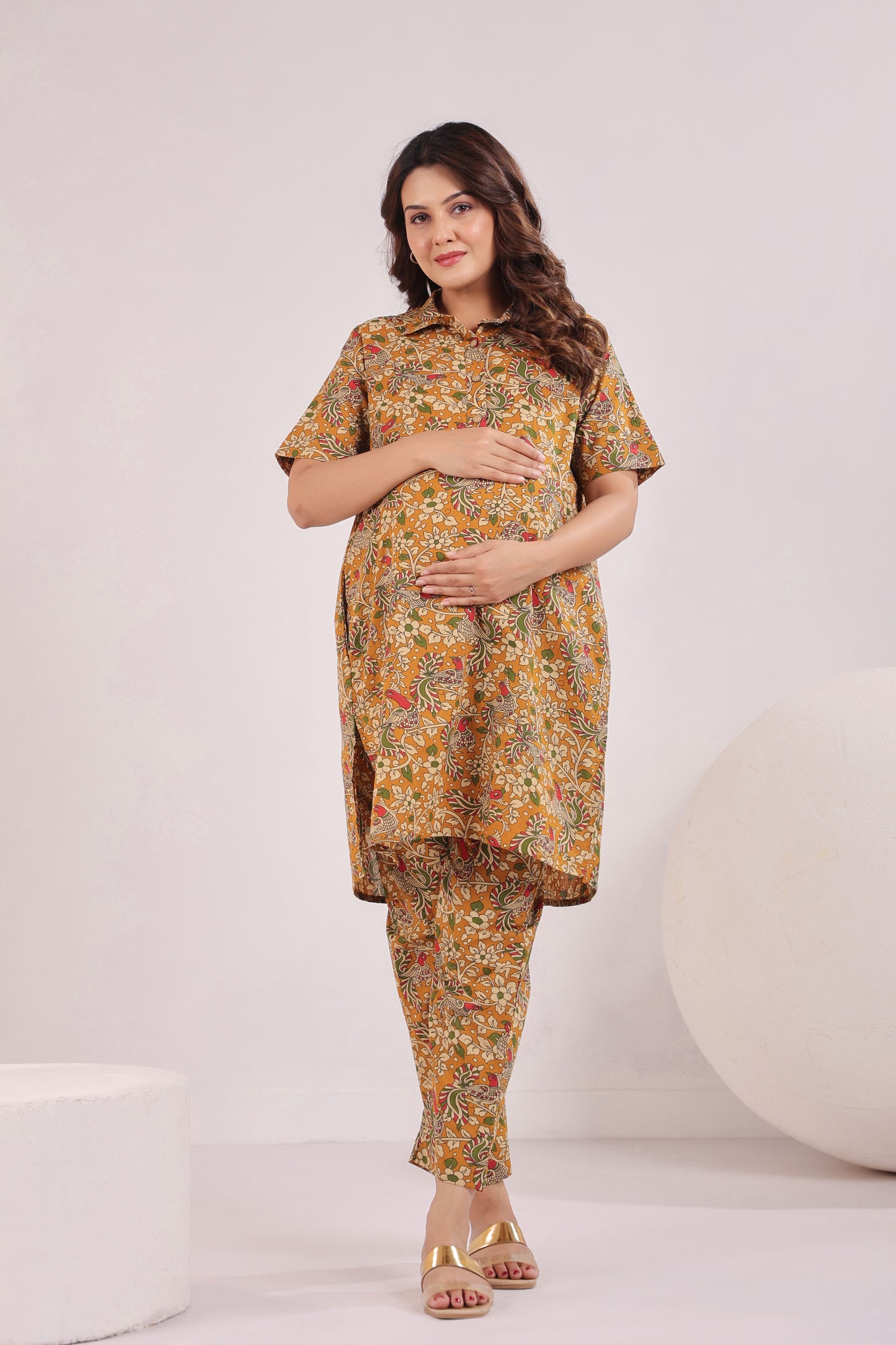 Mustard Kalamkari  Maternity & Nursing Co-ord Set