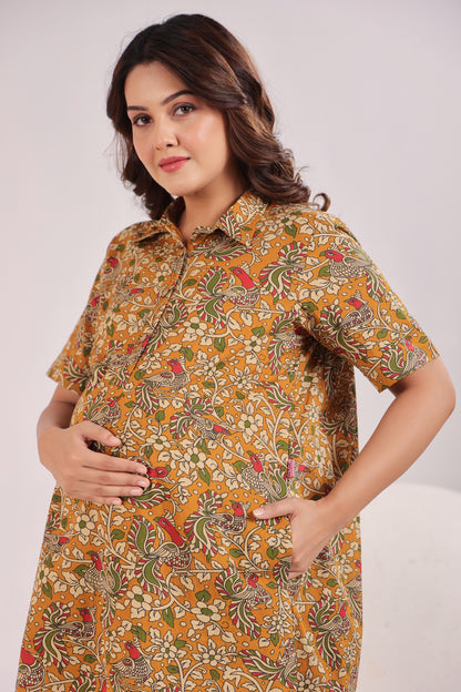 Mustard Kalamkari  Maternity & Nursing Co-ord Set
