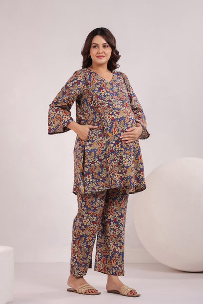 Blue Kalamkari Maternity & Nursing Co-ord Set