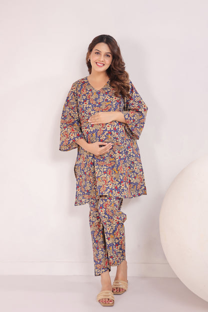 Blue Kalamkari Maternity & Nursing Co-ord Set
