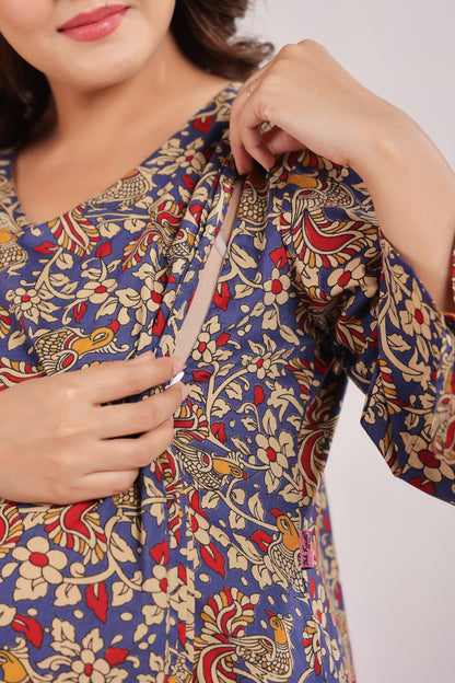 Blue Kalamkari Maternity & Nursing Co-ord Set