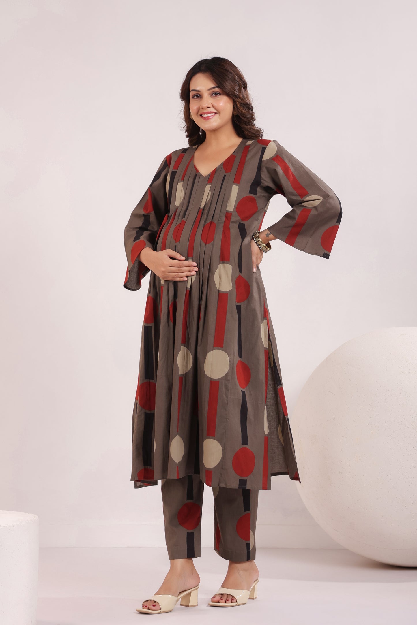 Tribal Echo Grey Maternity & Nursing Kurta Set