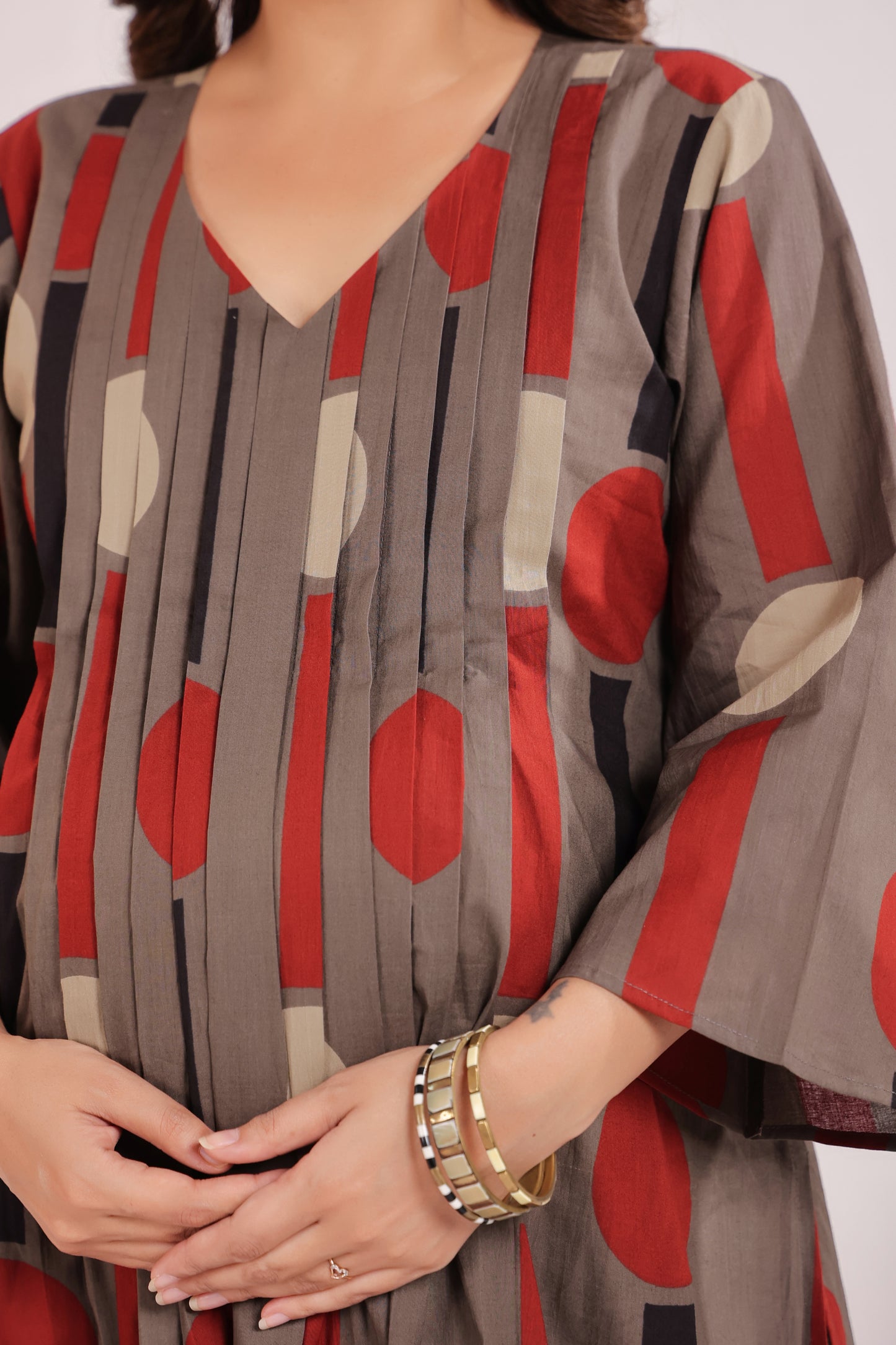 Tribal Echo Grey Maternity & Nursing Kurta Set