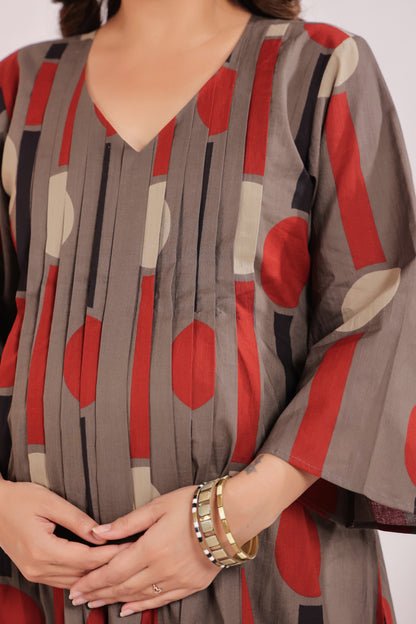 Tribal Echo Grey Maternity & Nursing Kurta Set