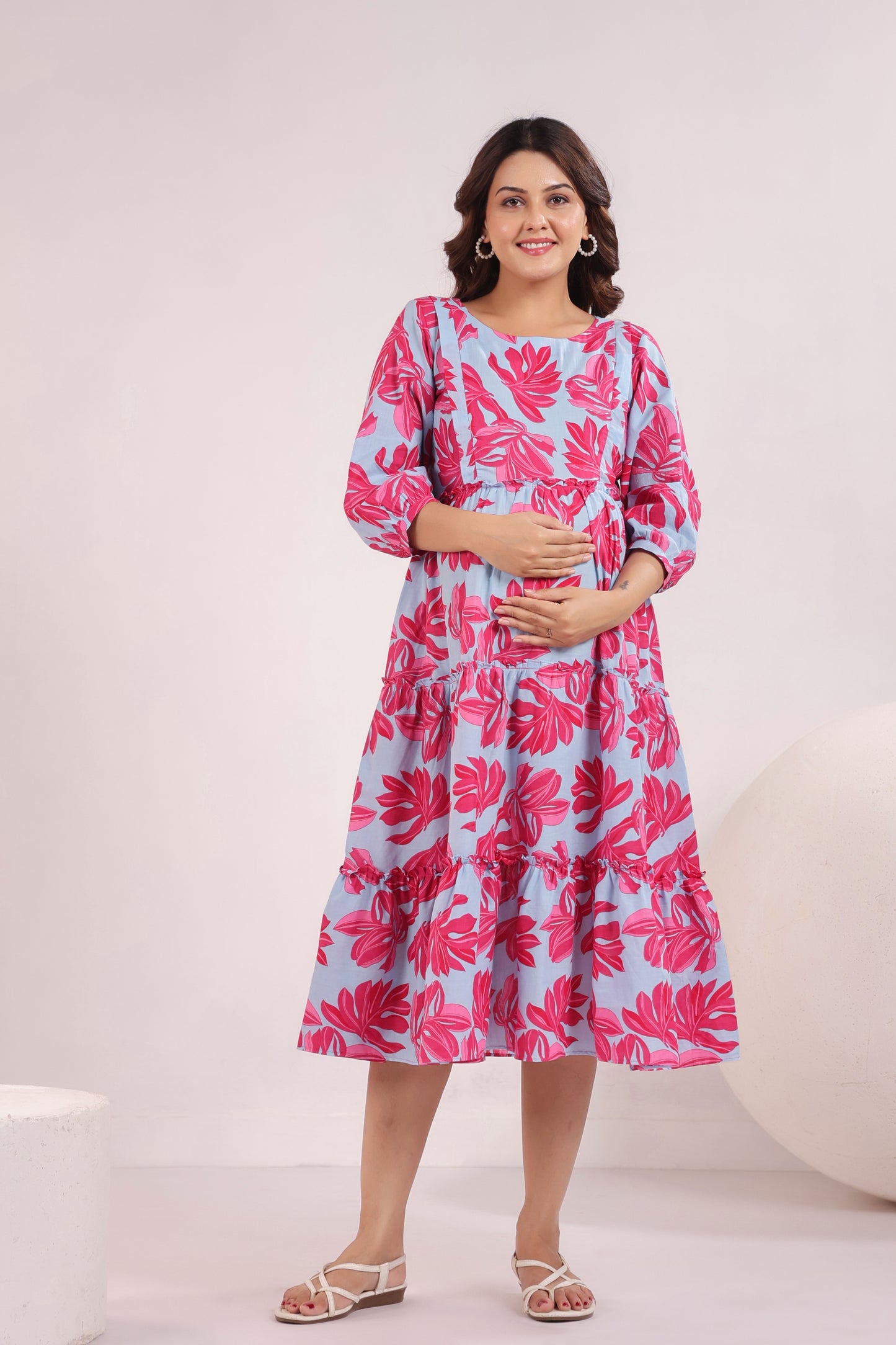 Whispering Leaves Blue Maternity & Nursing Tier Dress