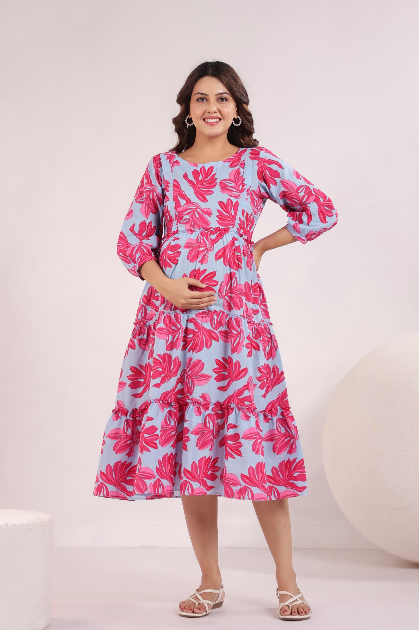 Whispering Leaves Blue Maternity & Nursing Tier Dress