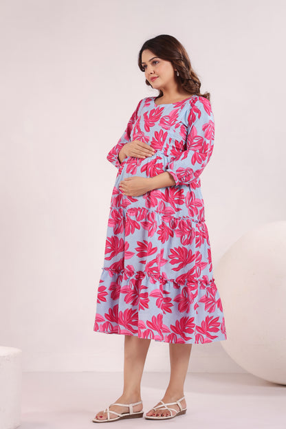 Whispering Leaves Blue Maternity & Nursing Tier Dress