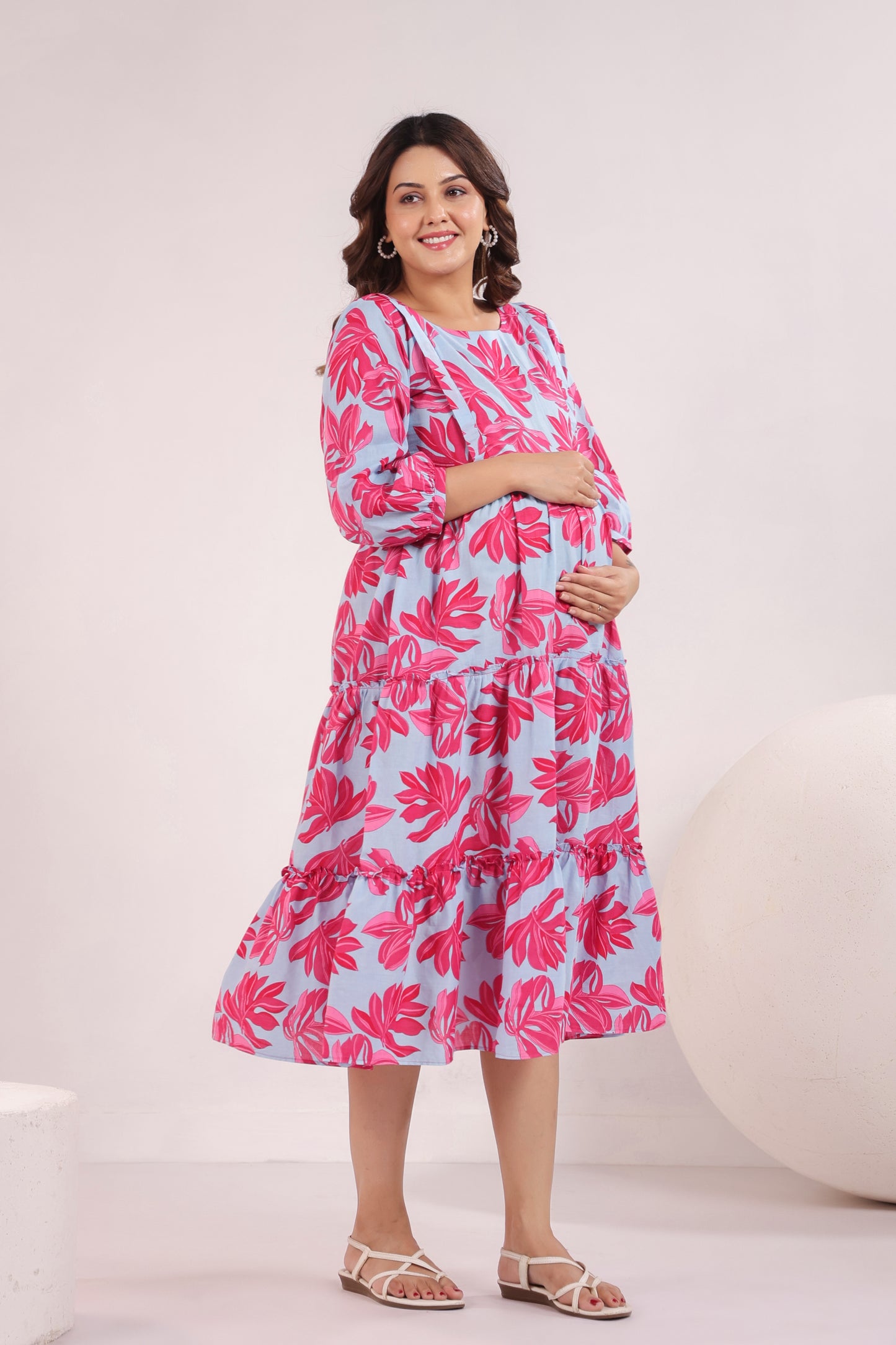 Whispering Leaves Blue Maternity & Nursing Tier Dress