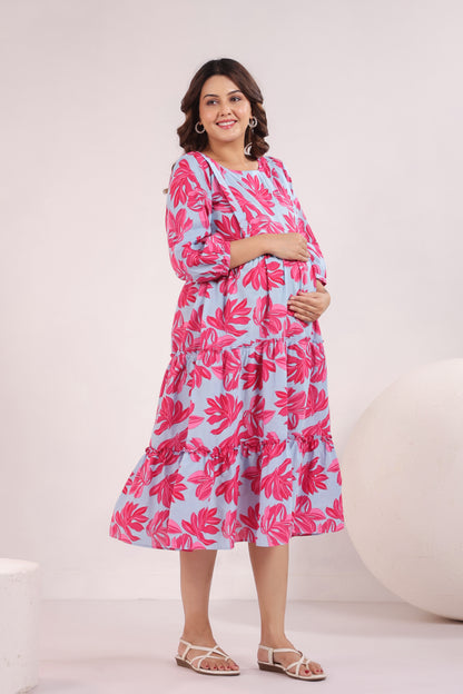 Whispering Leaves Blue Maternity & Nursing Tier Dress