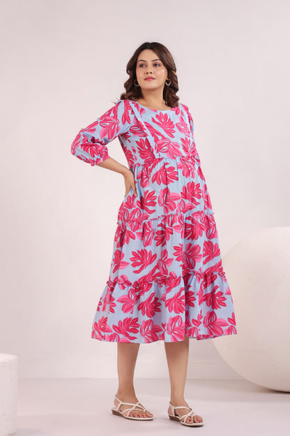 Whispering Leaves Blue Maternity & Nursing Tier Dress