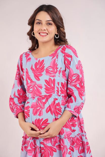 Whispering Leaves Blue Maternity & Nursing Kurta