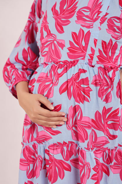 Whispering Leaves Blue Maternity & Nursing Tier Dress
