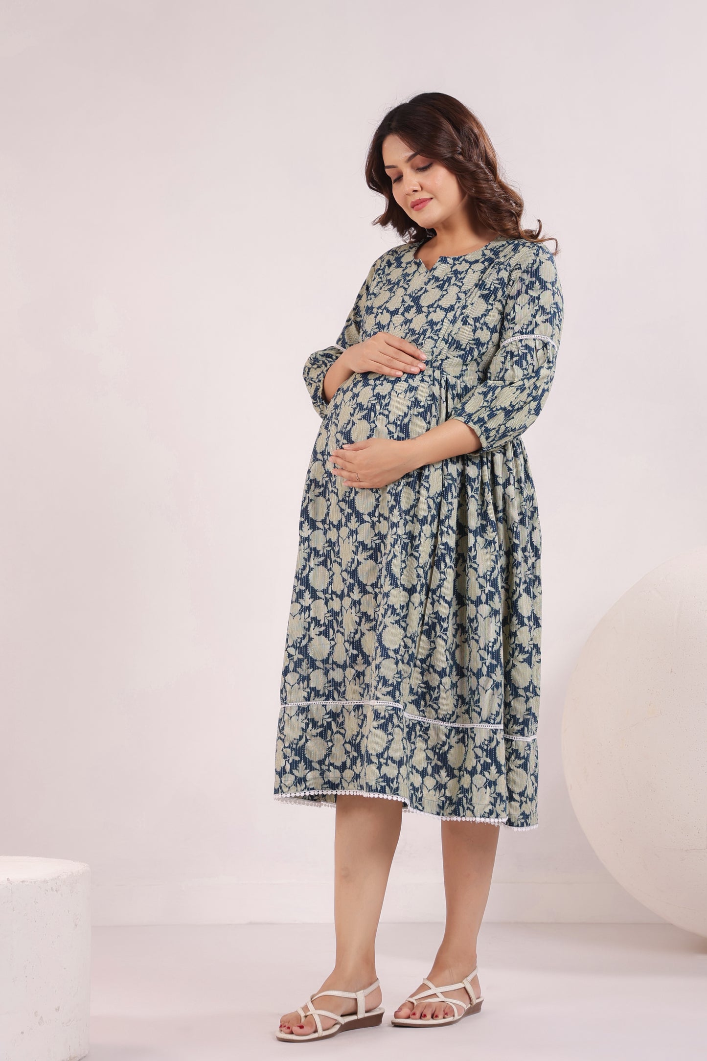 Nature's Indigo Katha Maternity & Nursing Dress