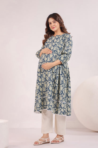 Nature's Indigo Katha Maternity & Nursing Kurta