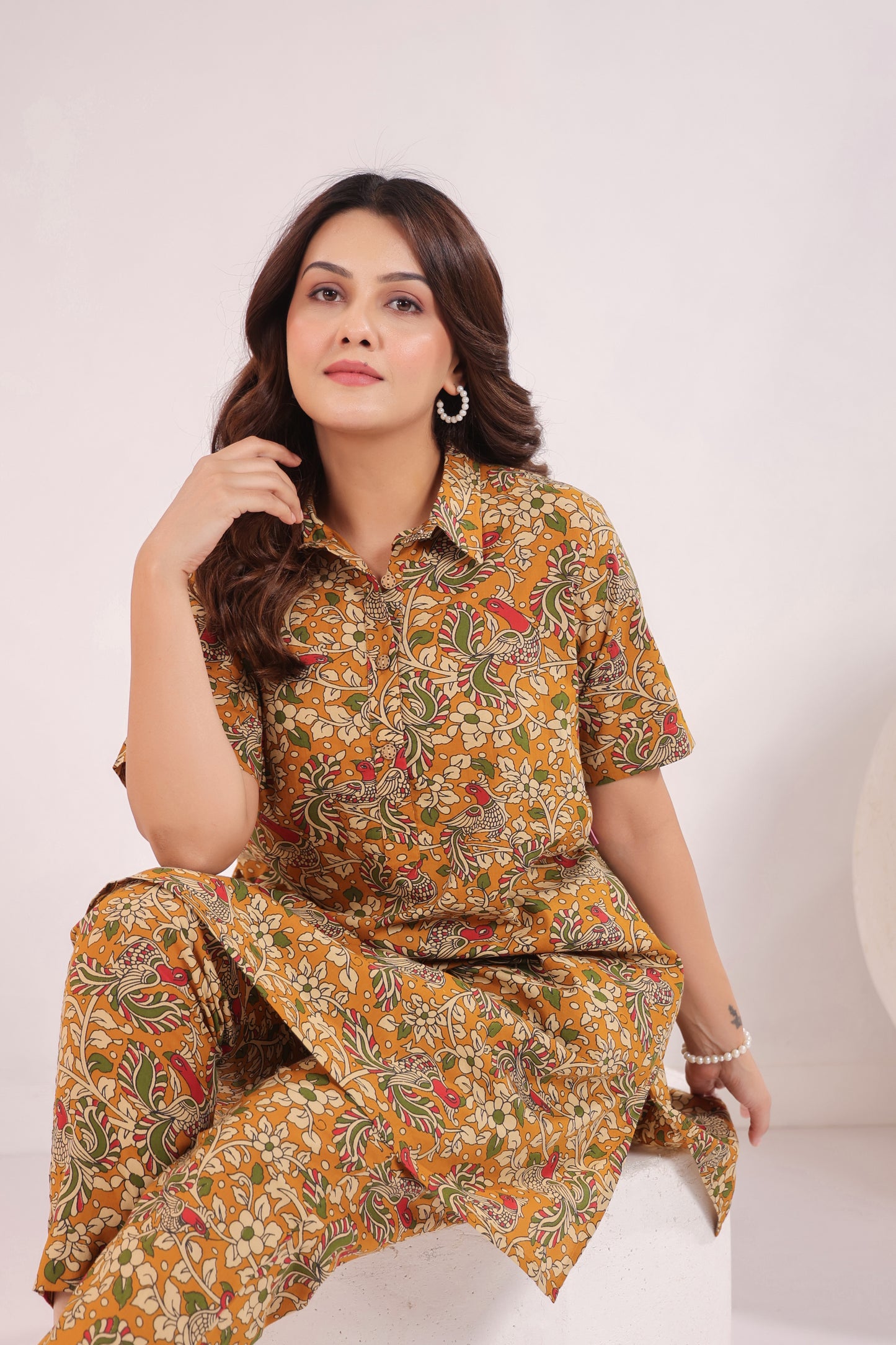 Mustard Kalamkari Cotton Co-ord Set