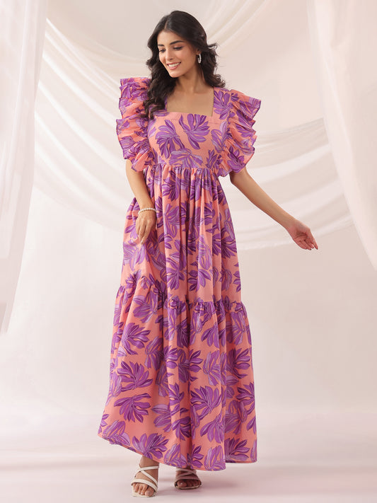 Whispering Leaves Pink Cotton Tier Dress