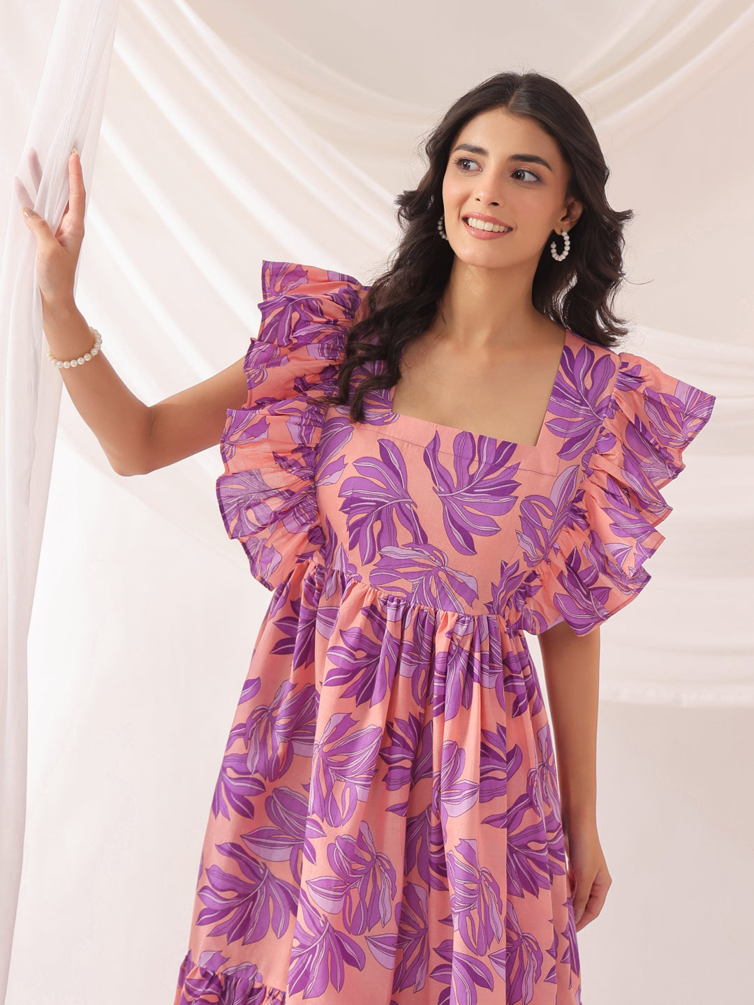 Whispering Leaves Pink Cotton Tier Dress