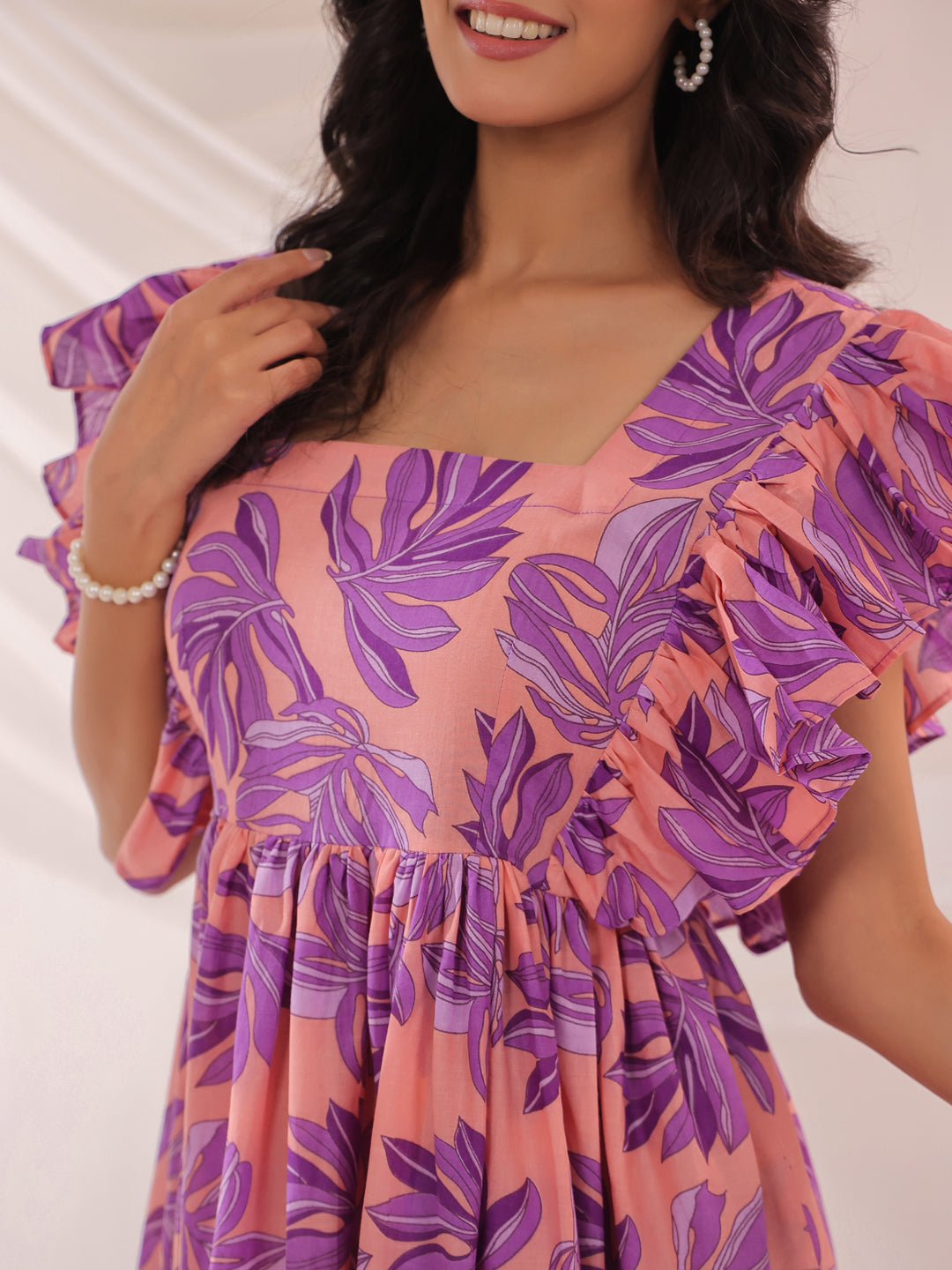 Whispering Leaves Pink Cotton Tier Dress