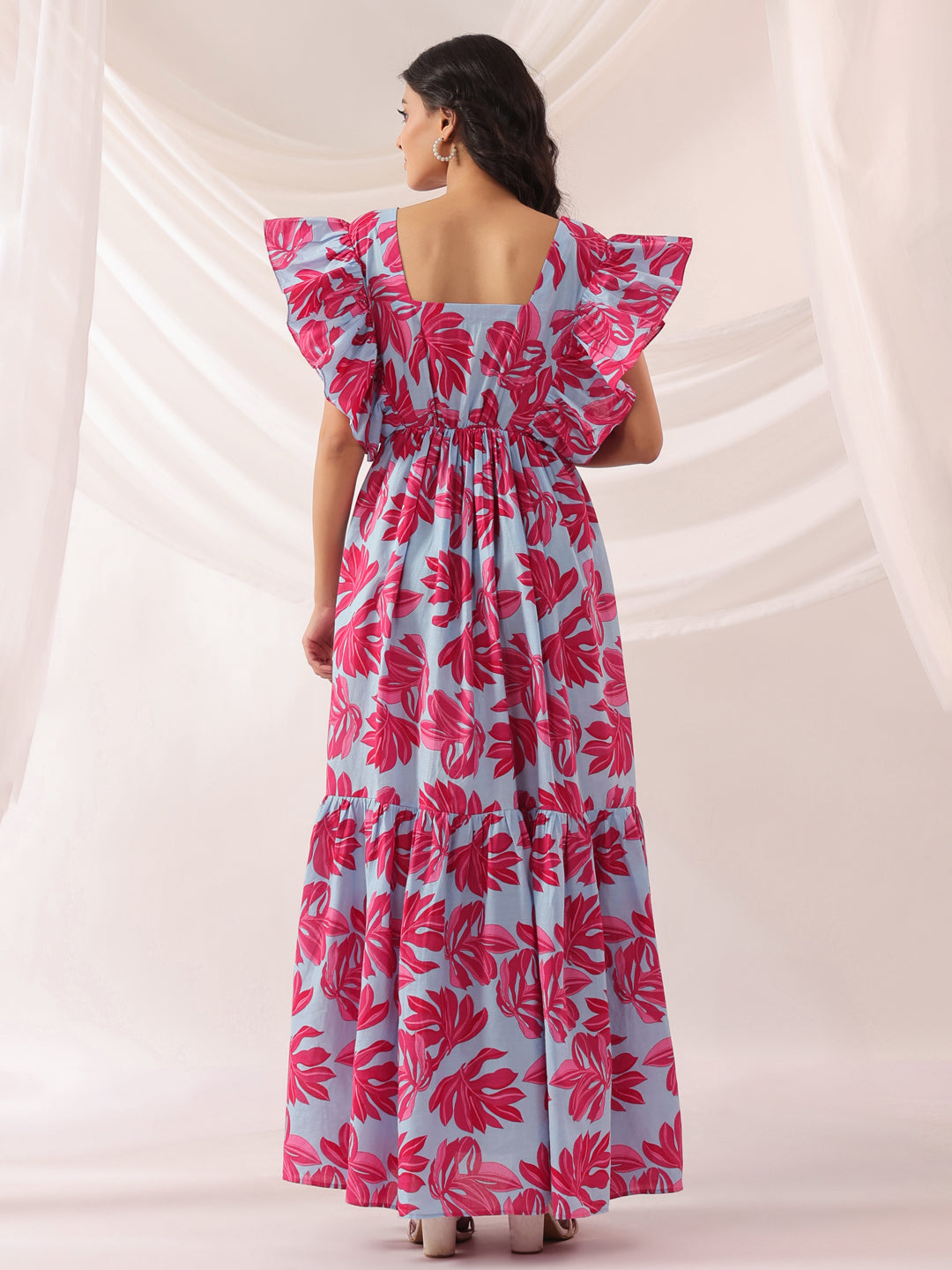 Whispering Leaves Blue Cotton Tier Dress