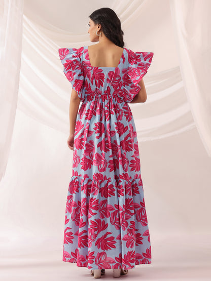 Whispering Leaves Blue Cotton Tier Dress