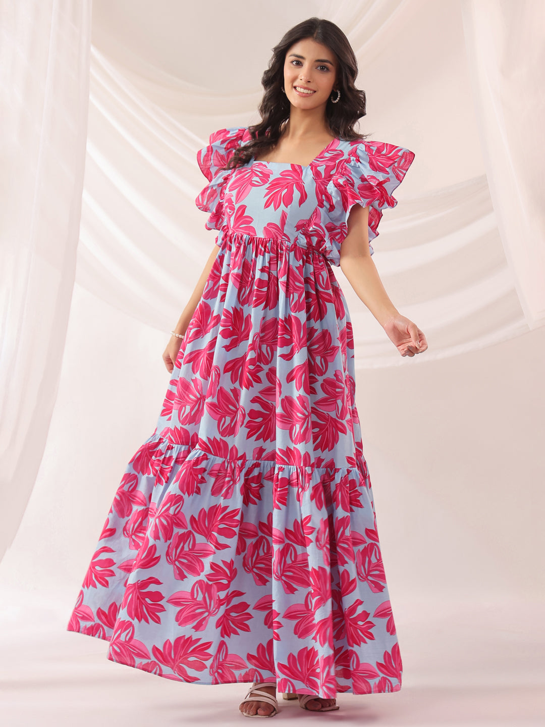 Whispering Leaves Blue Cotton Tier Dress