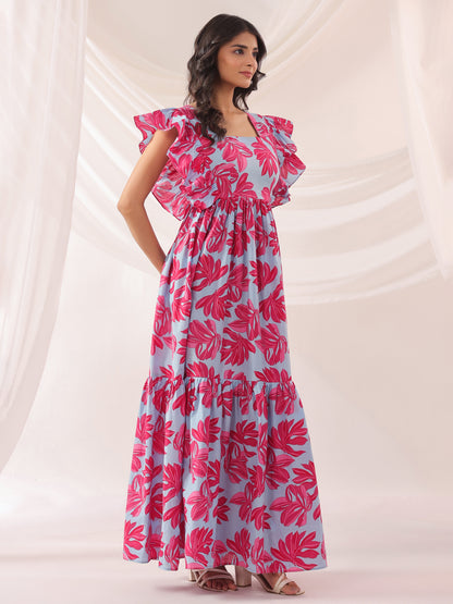 Whispering Leaves Blue Cotton Tier Dress