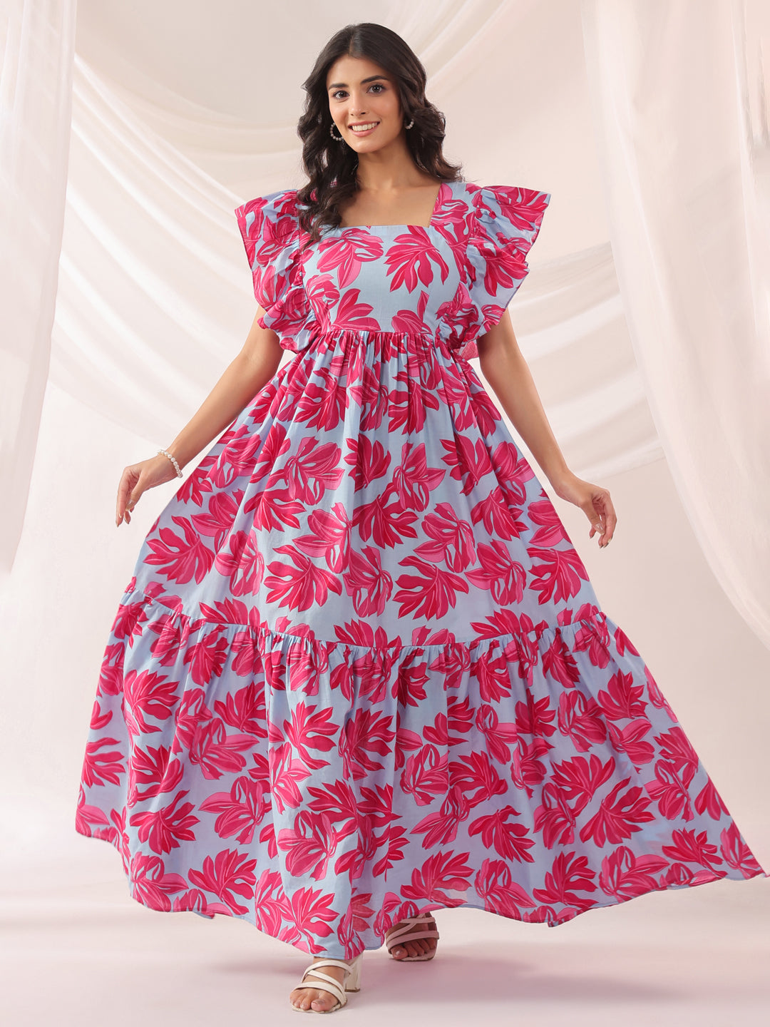 Whispering Leaves Blue Cotton Tier Dress