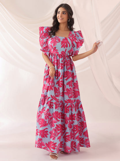 Whispering Leaves Blue Cotton Tier Dress