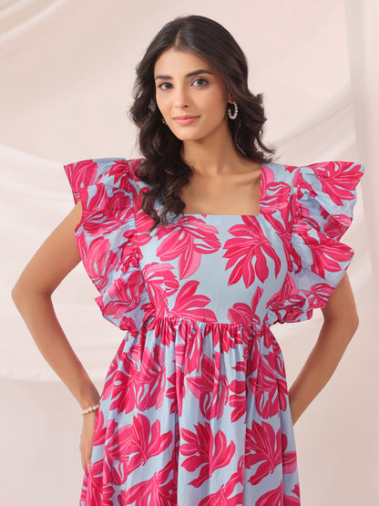 Whispering Leaves Blue Cotton Tier Dress