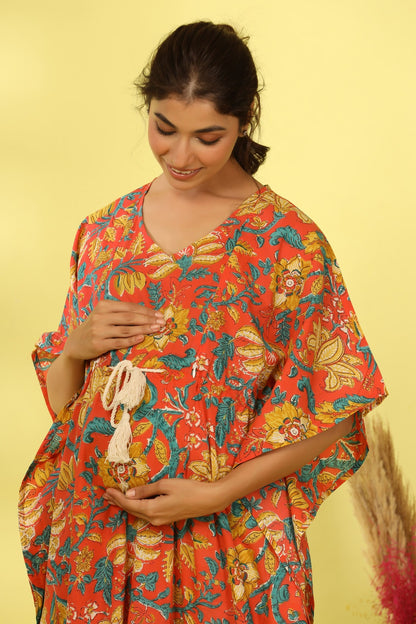 Gulmohar On Orange Maternity & Nursing Kaftan
