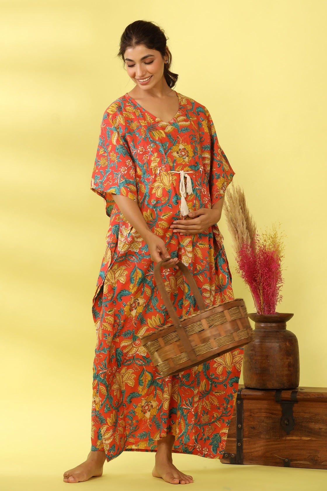 Gulmohar On Orange Maternity & Nursing Kaftan