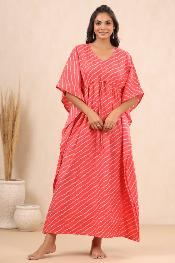 Patterned Bandhej On Pink Cotton Kaftan