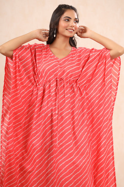 Patterned Bandhej On Pink Cotton Kaftan