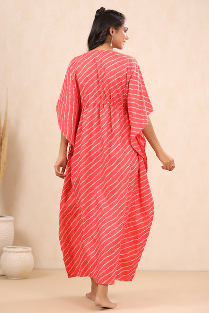 Patterned Bandhej On Pink Cotton Kaftan