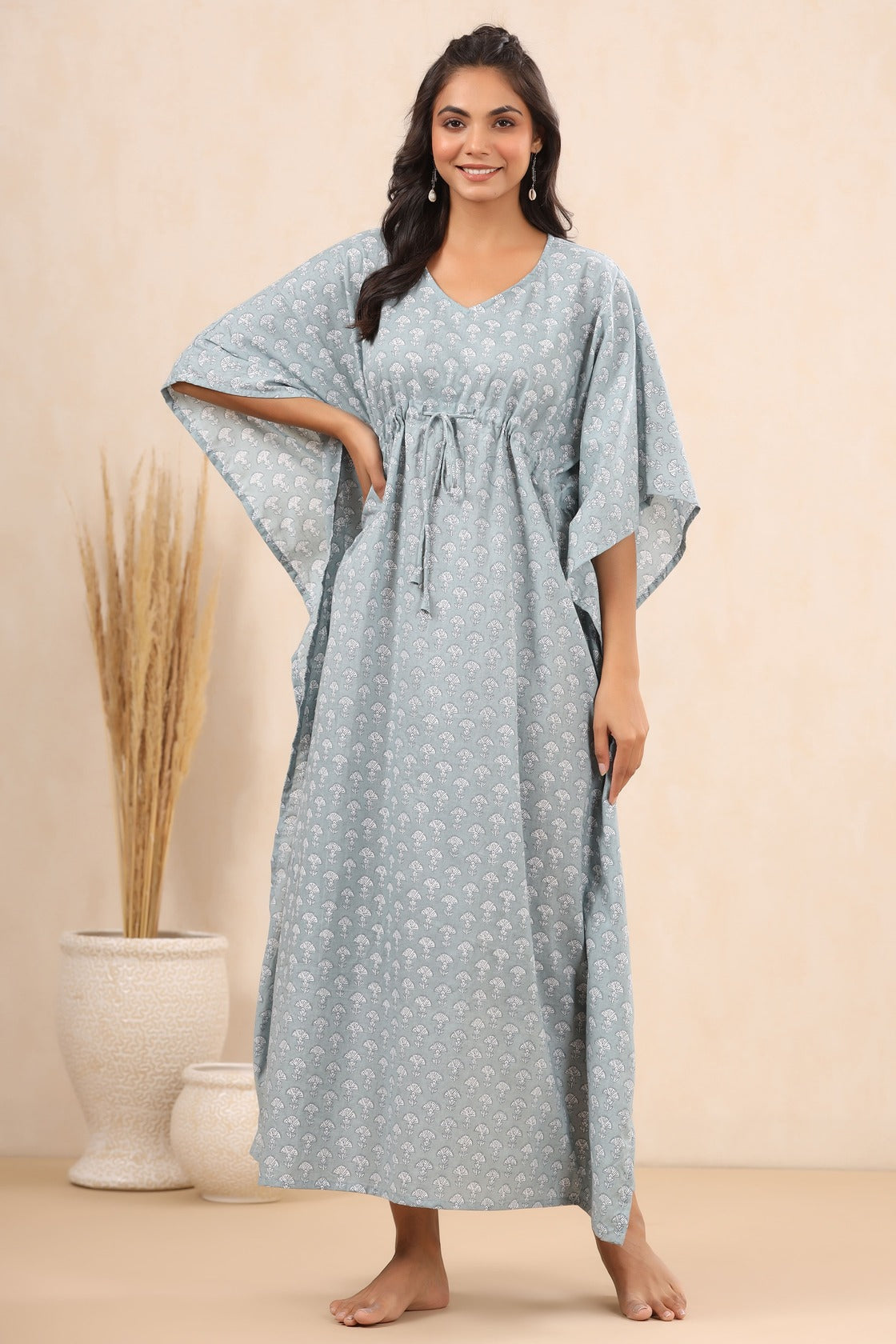 Mushrooms On Light Grey Cotton Kaftan